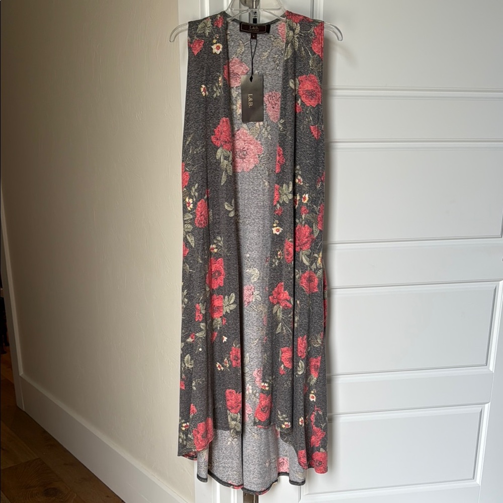 NEW L&B Floral Duster Vest Small Heathered Grey and Red